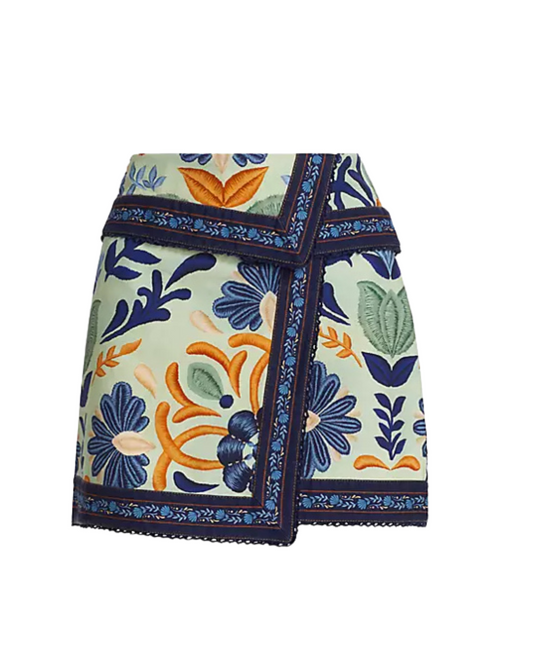 Farm Rio- Cotton Floral Wrap Around Mini Skirt